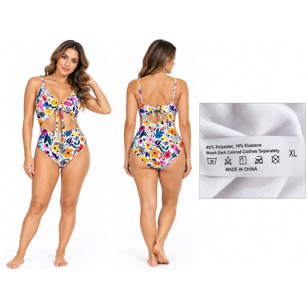 Women’s XL Floral One Piece Swimsuit Cutout Tie Front Colorful Bathing Suit
